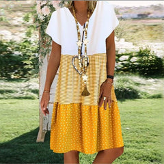 Stripe Polka Dot Print V-neck Short Sleeves Short Dress