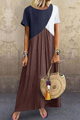 Patchwork Casual Round Neck Short Sleeves Maxi Dress