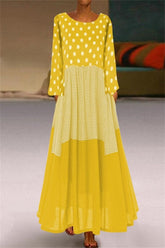 Polka Dot Patchwork Round Neck Long Sleeves Maxi Dress