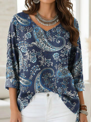 Women's Vintage Paisley Pattern Print Casual V-neck 3/4 Sleeve Shirt