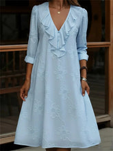 Vintage Ruffled V-neck Floral Printed Long Sleeve Dress