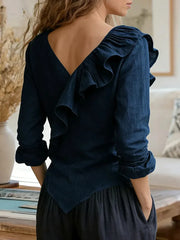 Elegant Navy Plain Ruffle Wrap V-neck Long Sleeve Top