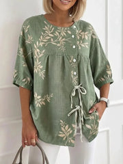 Fresh Olive Green Leaf Print Round Neck Short Sleeve Top