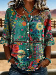 Vintage Floral Print 3/4 Sleeve Blouse