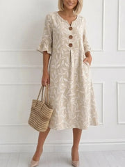 Chic Leaf Print Half Sleeve Midi Dress