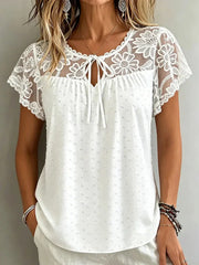 White Round Neck Short Sleeve Lace-Trim Swiss Dot Keyhole Blouse