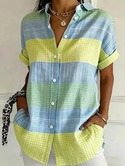 Multicolor Gingham Patchwork Button-Down Short Sleeve Shirt