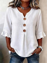Casual Solid Colour V-neck 3/4 Sleeve Blouse