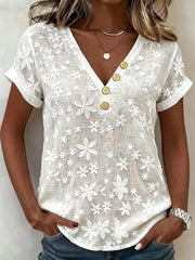 White Floral Print V-Neck Short Sleeve Blouse