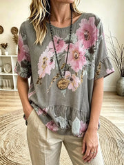 Grey Floral Print Ruffle Hem Round Neck Short Sleeve Casual Top