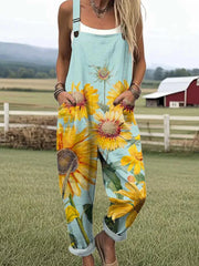 Women's Lovely Sunflowers Pattern Art Print Casual Wide Leg Jumpsuit