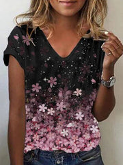 Gradient Sakura Print V-neck Short Sleeves T-shirt