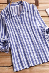 Stripe Print Collared Buttons Long Sleeves Blouse