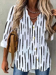 Stripe Print V-neck Buttons Long Sleeves Blouse