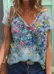Floral Print V-neck Casual Short Sleeves T-shirt
