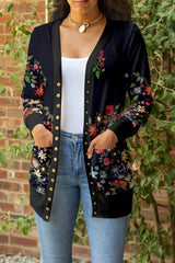 Floral Print V-neck Buttons Long Sleeves Cardigan
