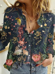 Floral Print Collared Buttons Long Sleeves Blouse