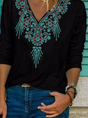 Ethnic Print V-neck Vintage Long Sleeves Sweatshirt