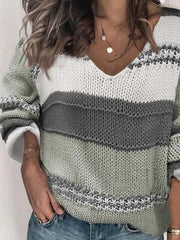 Color Block Patchwork V-neck Long Sleeves Sweater