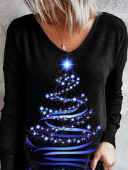 Christmas Tree Print V-neck Long Sleeves Sweatshirt