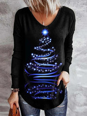 Christmas Tree Print V-neck Long Sleeves Sweatshirt