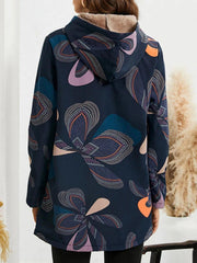 Floral Print Hooded Long Sleeves Plush Warm Coat