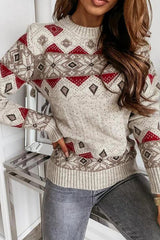 Geometric Print Round Neck Long Sleeves Sweater