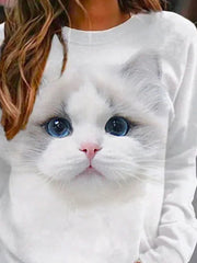Cute Cat Print Crew Neck Long Sleeves Sweatshirt