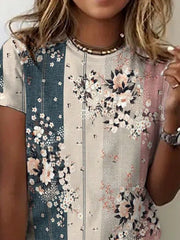 Floral Print Stripe O-neck Short Sleeves T-shirt