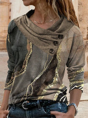 Marbling Print Buttons Casual Long Sleeves Sweatshirt
