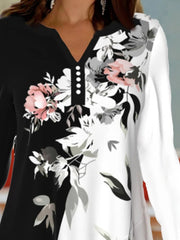 Color Block Floral V-Neck Buttons Long Sleeves Sweatshirts