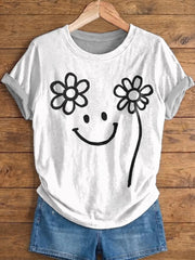 Retro Flowers Smile Face Women And Men's Vintage Art Print Casual T-shirt