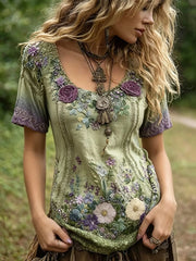 Women's Rose Art Print Cotton Short Sleeve Top