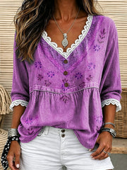 Women's Vintage Washed Floral Print Lace Trim V-Neck 3/4 Sleeve Top