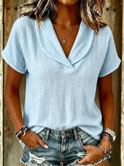 Women's Solid Plain Cotton Lapel Short Sleeve Blouse
