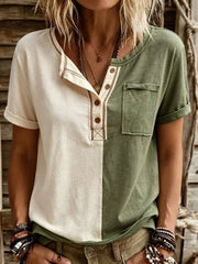 Women's Color-Block Short-Sleeve Henley T-Shirt