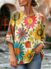 Women's Retro Daisy Floral Print Linen Blend Blouse