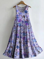 Vintage Floral-embellished Patterned Art Print V Neck Sleeveless Cotton Pocket Dress