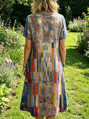 Women's Bohemian-style Short-sleeve Dress With Geometric Artistic Print And Openwork Round Neckline
