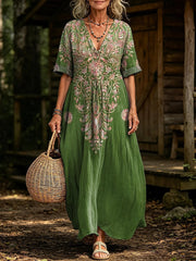 Women's Vintage Embroidered Floral Print V-Neck Short Sleeve Linen Maxi Dress