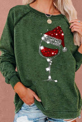Christmas Wine Glass Print Long Sleeves Sweatshirt