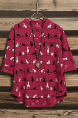 Cute Cat Print High Neck Short Sleeves Single Breasted Shirt