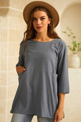 Solid Pockets Crew Neck 3/4 Sleeves Blouse