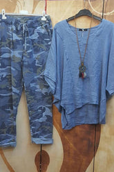 Abstract Print Irregular Hem Five-Point Sleeves Two Piece Suit