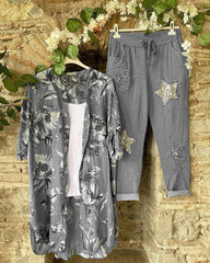 Floral Print Buttons Short Sleeves Two Piece Suit