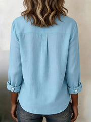 Solid Color Soft Blue Long Sleeve Button Up Blouse