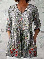 Women's Vintage Floral Art Print Casual Cotton Linen V-neck Shirt
