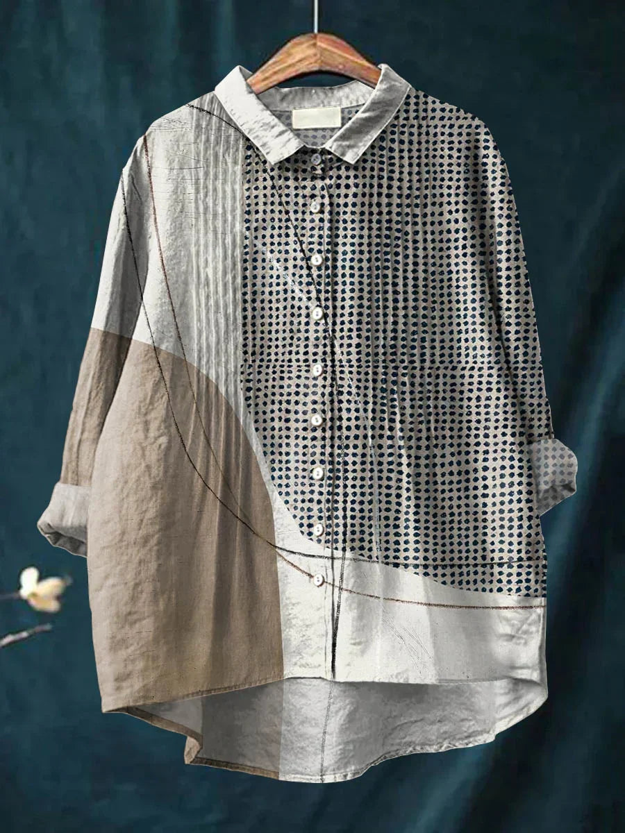 Women's Abstract Geometric Pattern Art Print Casual Cotton And Linen Ruffle Shirt