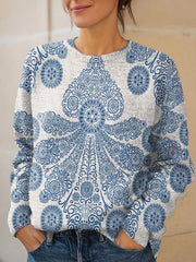 Vintage Flower Art Print Knit Pullover Sweater