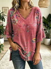 Women's Floral Art Print V-Neck Tassels Cotton Top